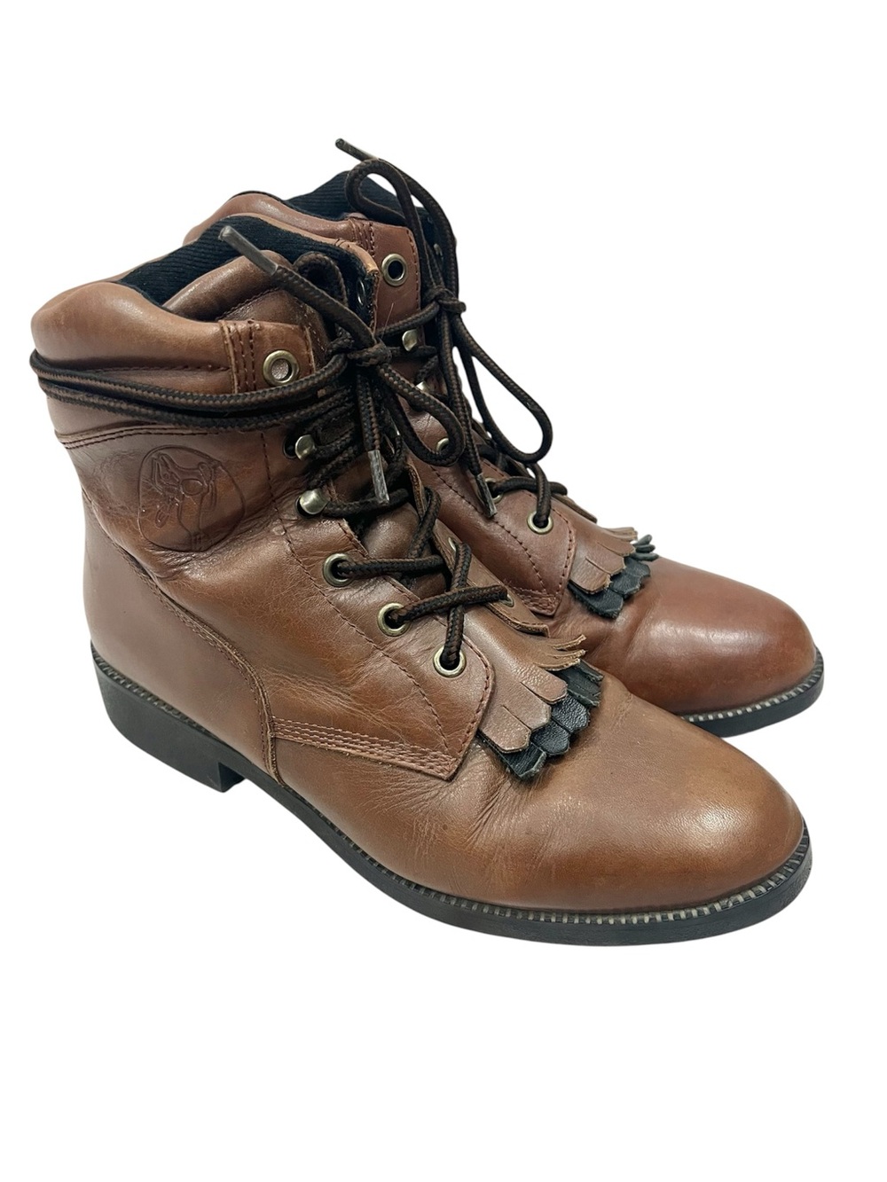 Vintage Saddle Brand Leather Western Kiltie Fringe Lace Up Ankle Riding Boots